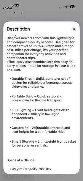 Skrt R100-1 4-wheel Electric Mobility Scooter Red Basket Led 4.5 Mph 300 Lb