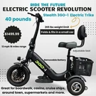 Stealth 3GO-1 Wheel Electric Trike With Reverse. Folds To Fit In Small Car. Fixed Price $1499.99.