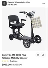 Ms 3000 Plus By Comfygo Folding Mobility Scooter With Seat And Basket Black New. Fixed Price $800.00.