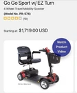 Pride Go Sport W/ Ez Turn 4-WHEEL Electric Scooter Red/black Basket PR-S74. Fixed Price $850.00.