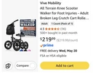 Vive Mobility All-terrain 4-WHEEL Knee Scooter, Adjustable, Black. Fixed Price $140.00.